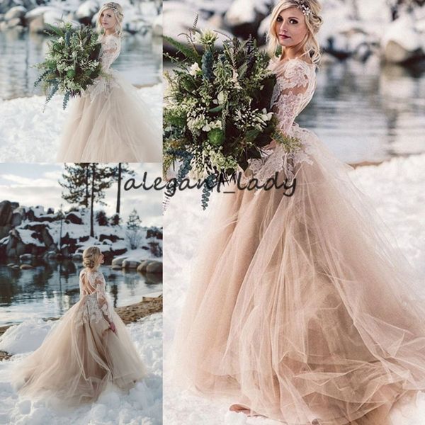 vintage champagne lake tahoe beach wedding dresses with long sleeve 2020 modest lace tulle backless fairy tale bride gowns, White